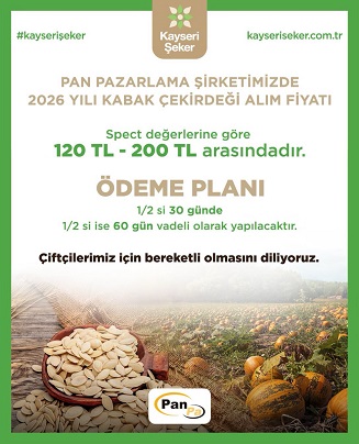 Kayseri Şeker’ Pan Pazarlama şirketimizde 2026 yılı kabak çekirdeği alım fiyatı, ürün özelliklerine göre 120–200 TL olarak belirlenmiştir.